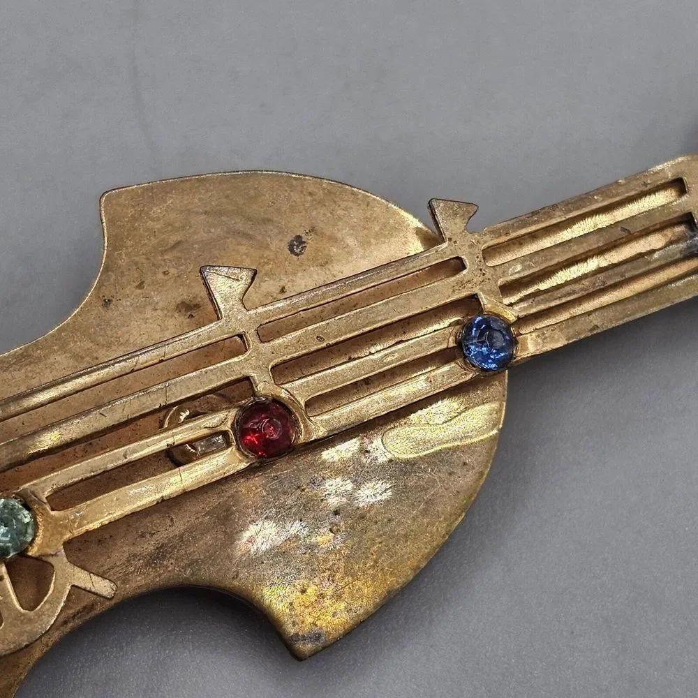 Vtg Cello Bass Brooch Pin Brass Dimensional Rhinestone Music Notes 1950s - Picture 4 of 9